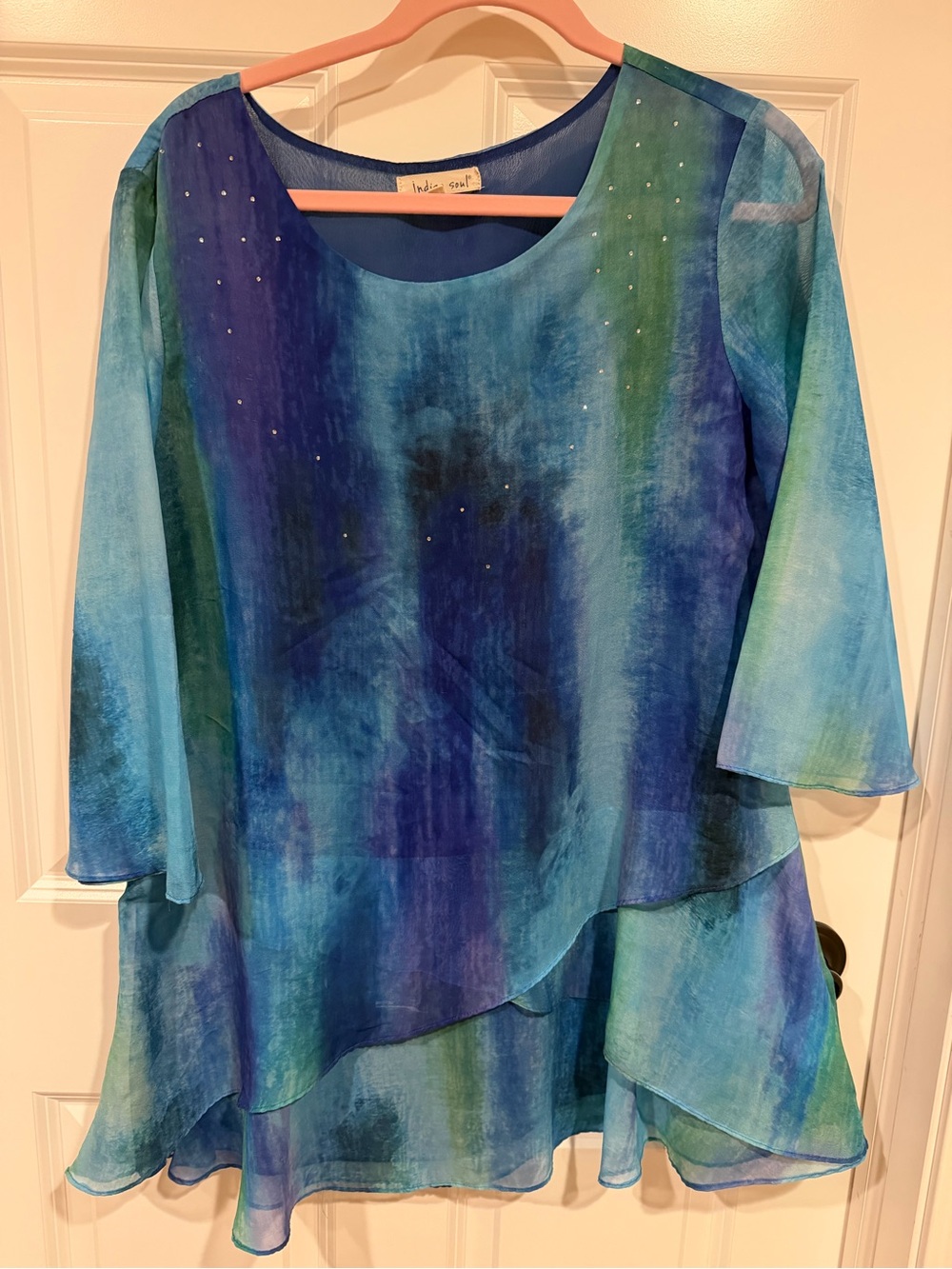 Indigo Soul Blue Size Large Boho Layered Tunic Flowy Ocean Water 3/4 Sleeve